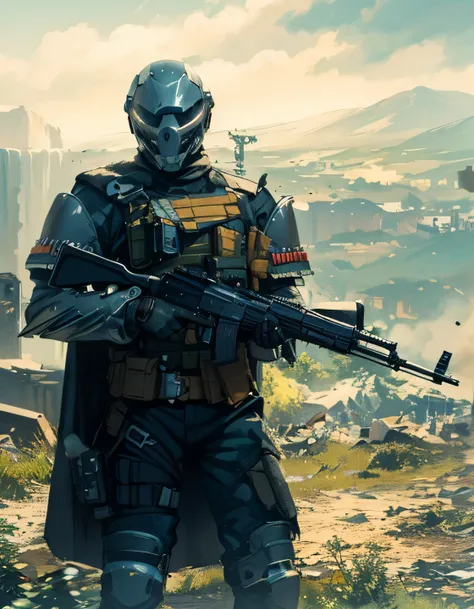 a man in a helmet and uniform holding a rifle, dressed in tactical armor, With a black cape, three throwing knives holstered on his arm, Pistol holstered on his leg(Best quality, 4k, Masterpiece :1.3), Cyberpunk, Background, Sci-fi rifle 