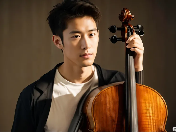 年輕人拉Cello. 左手五指準確地放在Cello的琴頸上詳實的手指位置及細節 , Realism, 8K full body portrait, masterpiece. (Cello detailed details.Headstock.String plug)A young 28 year old man.A little messy short hair(artist.musician),Wearing wool sweaters and jackets. 坐在室內拉Cello(Cello)(靈感來...