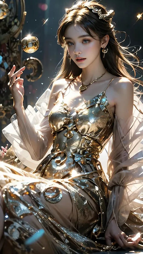 8K, ultra hd, masterpiece, 1 girl, (good face:1.4), detailed eyes, very long hair, impressive hairstyle, earings, necklace, small breasts, (golden dress:1.5), see-through, (fantasy dress:1.5) Light-colored foundation brings out the transparency of the skin...