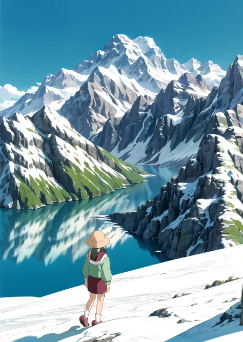 (((ghibli style))),o humans, austrian alps meadow. mountains in the background. snowy peaks. summer. sun. nice weather. photography. mountain lake