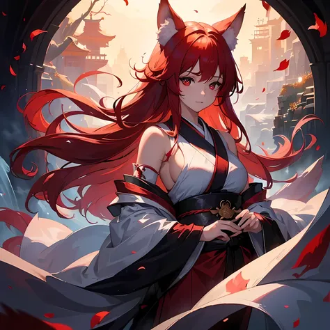 ((Beautiful Art, Masterpieces, High Resolution, High Quality, best Reference,Splash Art, Detailed Body, 4K Quality)), 1girl, White-Red Hair, Red Eyes, Wolf Ears, 2 Tails, Black Kimono, Wolf Spirit, Shrine In Mountain, Floating Soul