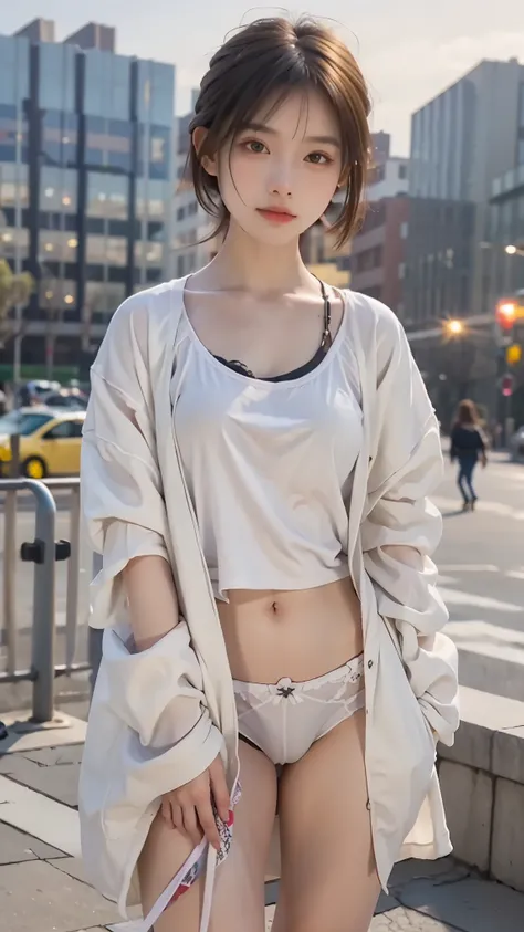 (masterpiece), (highest quality), (highest quality), (most detailed), (Super detailed), ((very delicate and beautiful)), 8K, (realistic:1.3),girl,simple,brown eyes,big breasts,Wearing a large outerwear,City of night,Standing in the middle of the city,white...