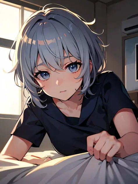 student uniform, light greyish blue hair, really short hair, shaggy hair, navy blue eyes, laying down in bed, 17 years old, messy hair, low front angle, lift shirt, lift skirt, reflected light, 8K, masterpiece, highest quality, Accurate