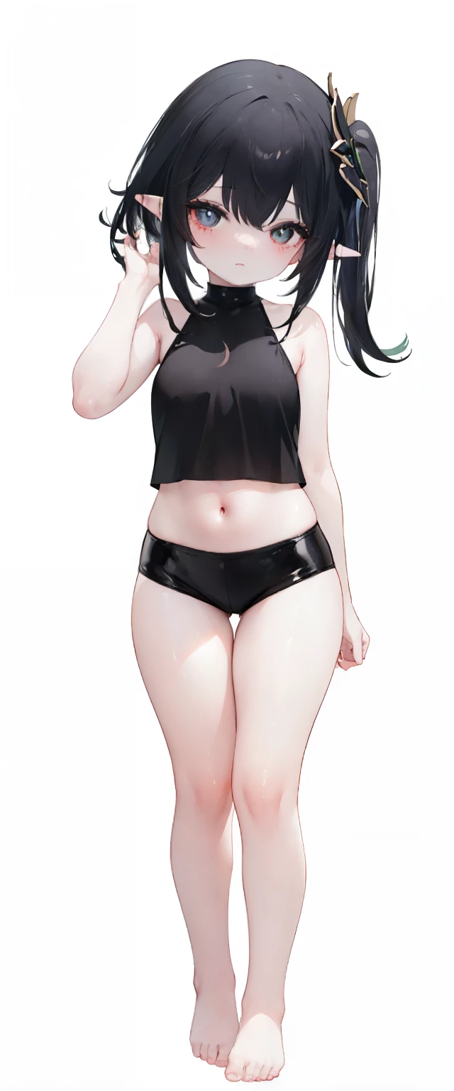 ,child,cute,black hair,thick thigh ,short leather pants,black mini camisole, thick thighs,flat chest,black color tank top,black mini camisole,crop top, Nahida, loli,child,flat chest,fullbody, thick thighs, blushing,loli,child, standing straight, head to to...