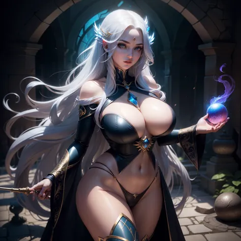 Sorceress woman with alluring curves and seductive expression, her long, flowing hair cascading down her back. She wears revealing clothing adorned with mystical symbols, and her eyes gleam with the power of ancient spells. In one hand, she holds a wand, a...