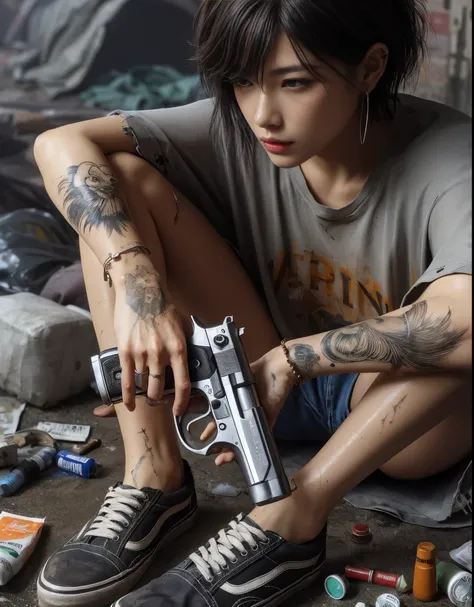 ８K,realistic photo、realistic skin texture、A beautiful Japanese woman living in America＆He turns around holding a Wesson M442 compact revolver.、Dirty and torn oversizedＴshirt、baseball cap、Dirty high-top Vans sneakers、Holding a skateboard in one hand、Its rai...