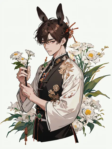 ((4K、​Masterpiece、top quality))、（（Twenty-year-old man））(Twenty-year-old man holding rabbit), Ink painting and watercolor painting、Chinese traditional ink painting、chrysanthemum、hanfu、Large Kit、Dress conservatively、 brown hair, rabbit ears, foreigner, Flora...