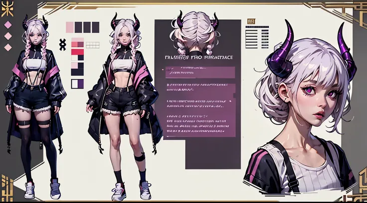 (Masterpiece, best quality), detailed, character sheet, many items (the same person, pink crop top, skinny shorts, lowered suspenders, different lenght striped long stockings, white sneakers, many parts), daemon, detailed beautiful purple eyes, detailed fa...