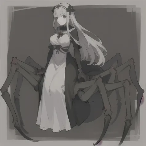 1girl, arachne, black arachnid, full body, priestess, dress, eight black spider legs, silver hair