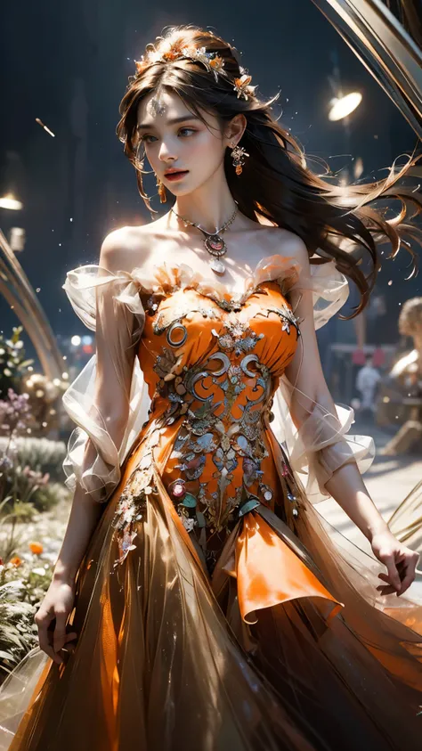 8K, ultra hd, masterpiece, 1 girl, (good face:1.4), detailed eyes, very long hair, impressive hairstyle, earings, necklace, small breasts, (orange dress:1.5), see-through, (fantasy dress:1.5) Light-colored foundation brings out the transparency of the skin...