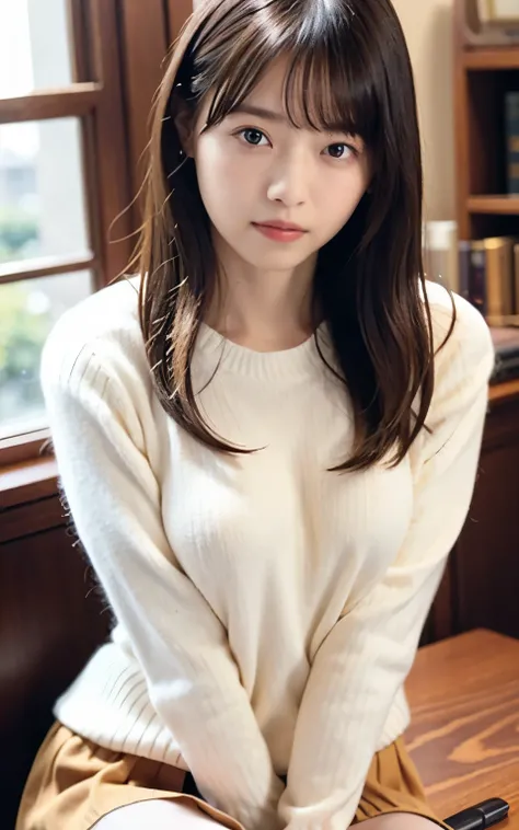 table top, highest quality, 16k, 1 girl, 16, big breasts, Raw photo, professional photography, portrait, late night office、dark lighting、Pale shading、soft light, professional lighting, alone, sitting in front of the computer、smile, close, cute, girly, god...