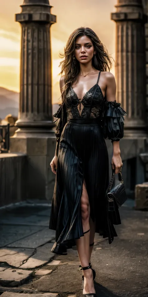 yennefer, full body, long_hair, amazing hair, gorgeous, city girl, cleavage, western, black dress, hot girl, santorini, sunny be...