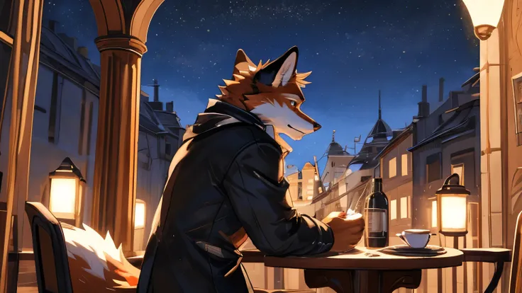 SOLO, An anthropomorphic red fox, realistic fur, wearing a black tuxedo, large fluffy tail, walking away, back, Best quality, detailed. Un ambiente de una terraza de un cafe, Una noche oscura con una luna grande y brillante, un clima PRIMAVERAL Nocturno