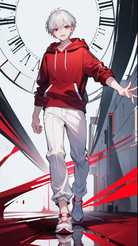 High resolution, 2D anime style,,cool men,red eyes,beautiful eyes,beautiful face,short hair,silver hair,White hoodie fashion,I&#39;wearing long pants,beautiful clock,beautiful earrings,He is laughing a little,he is walking.