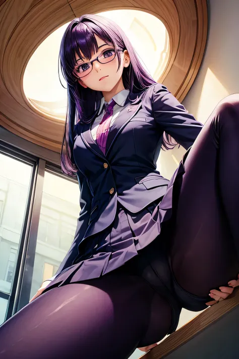 (((spread legs)))、Glasses、uniform blazer、beautiful beauty、purple hair long、((whole body))、(((photo taken from below)))、school gate