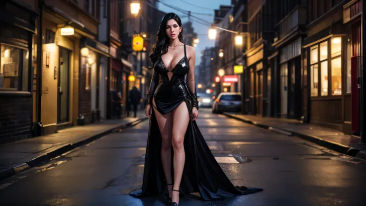 yennefer, full body, long_hair, amazing hair, gorgeous, city girl, cleavage, western, black dress, hot girl, makeup, (masterpiec...