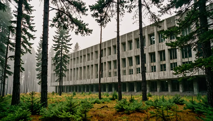 Standing among a dense coniferous forest in Taiga, campus university, the facade is made in the style of Soviet brutalism made of white stone. Photo taken early in the morning, there is fog and light sunlight in the forest. There is no one in front of the ...