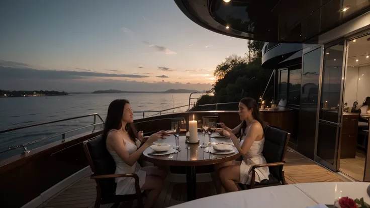 A large scene picture。A large area of sky needs to be exposed，evening，There is a yacht on the sea，Dinner  on the yacht deck，The atmosphere is very romantic，Flowers on the yacht，Candles and a lady in a black evening dress holding a wine glass。The picture ne...