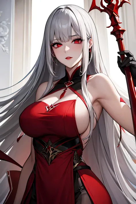 A beautiful women with long light gray hair and red eyes, red lips, in a red-crimson divine robe, interested look, holding a staff in her hands