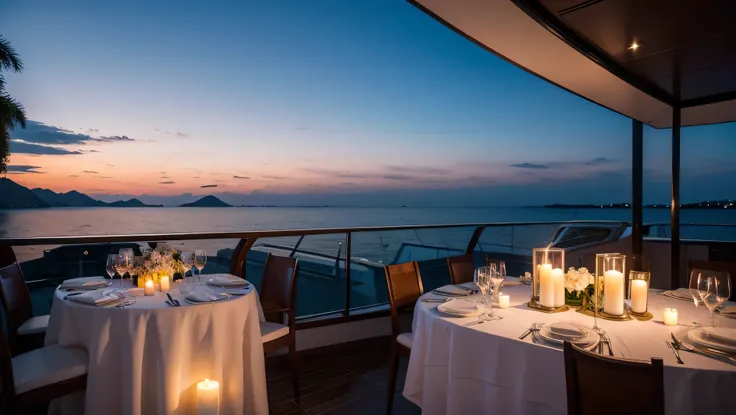 A large scene picture。A large area of sky needs to be exposed，evening，There is a yacht on the sea，Dinner  on the yacht deck，The atmosphere is very romantic，Flowers on the yacht，Candles and a lady in a black evening dress holding a wine glass。The picture ne...