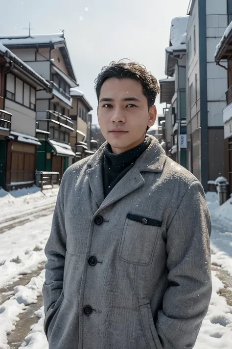 Photorealsitic, 8k full-length portraits, a Male with curly short hair big forehead,20 years old, Winters snow in the background, japan ads background, in a long distance photo, midday Snow background, pug nose, malaysian face