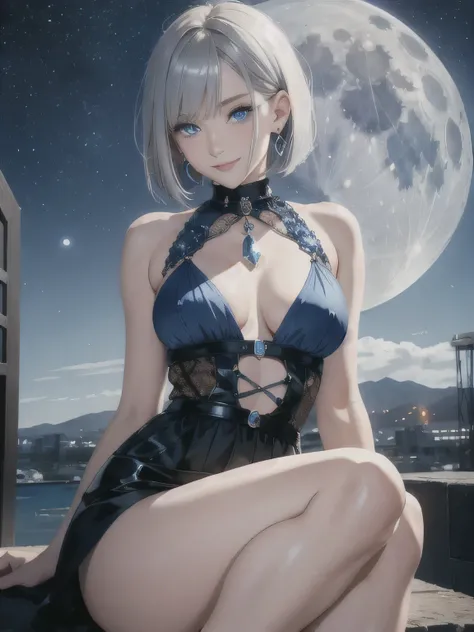 (masterpiece), highest quality, blue eyes, light gray hair,(short bob hair)、expressive eyes,mysterious sight , highlight, dramatic lights,、Outfit studded with blue jewel accessories、earrings、smiling expression、((small breasts))、Against the background of th...