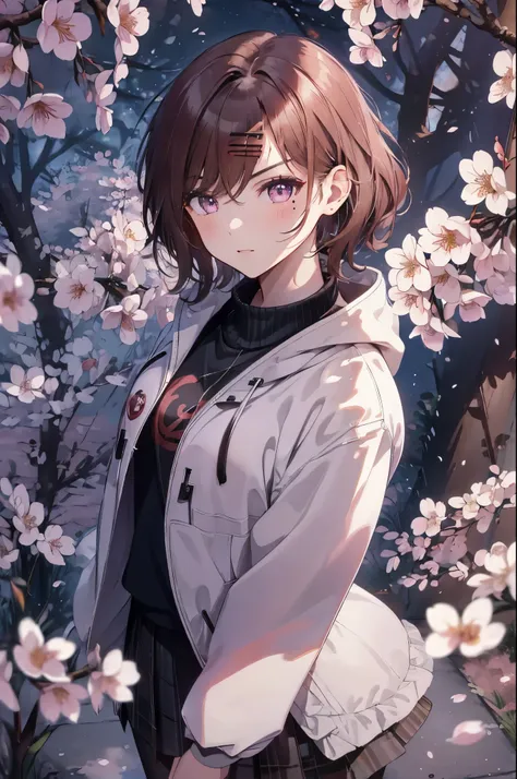 (best image quality, masterpiece:1.2), (super detail drawing),from behind, from above、(face focus:1.3), A kaleidoscope of vibrant blossoms and enchanting cherry trees々surrounded by、A girl stands in a breathtaking city landscape。(Walking through the cherry ...