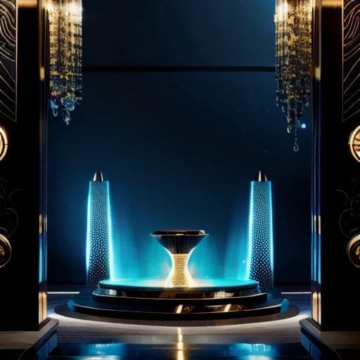 Incredible black luxury futuristic interior，style，There are many ((Lush plants)) (lotus), ((Palm trees)), stone wall, (sand), (waterfalls), (marble), ((Precious minerals)), ((Metal)), (gem), crystal, nuvens e ((water)), futuristic luxury furniture, Crocodi...