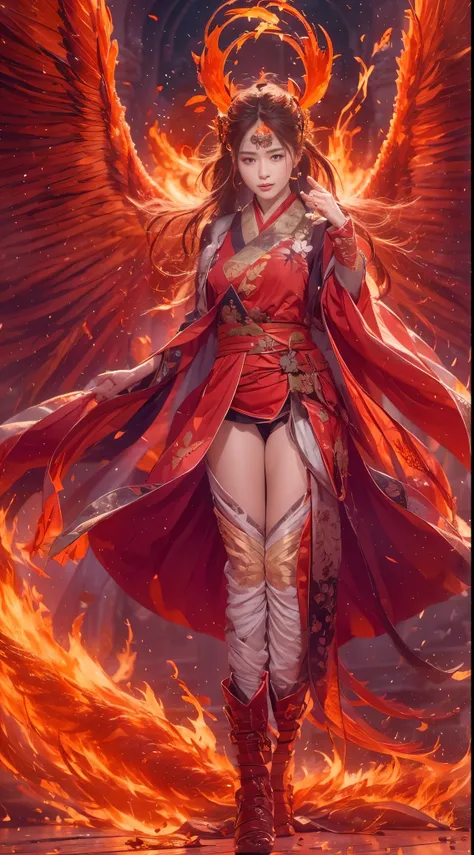 (full body portrait), (close up) ,1 girl，korean girl, 17 years old, Fire mage wearing fiery red clothes（Chinese Hanfu），The robe is embroidered with intricate runes，Decorated with a burning scent。He was tall and strong，Raise your hand，Powerful fire spells a...