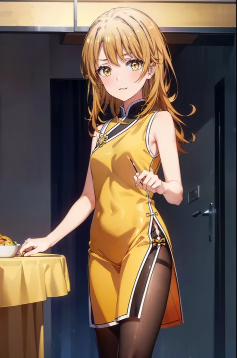 irohaisshiki, iroha isshiki, long hair,brown hair,,(brown eyes:1.5), happy smile, smile, open your mouth,bare arms,yellow cheongsam clothes,Yellow long slit,black pantyhose,stiletto heels,whole bodyがイラストに入るように,
break indoors, Chinese Restaurant,
break look...