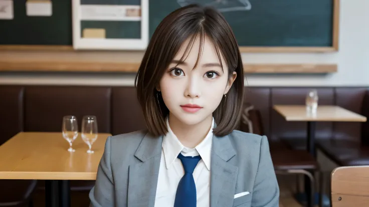8K, highest quality, real image, intricate details, Super detailed, ultra high resolution, depth field,(realistic,realistic:1.2),table top , front shot , Photographed at a stylish cafe , girl, とても美しい17歳のgirl, innocent big eyes,、highly detailed eyes:1.2)、ba...