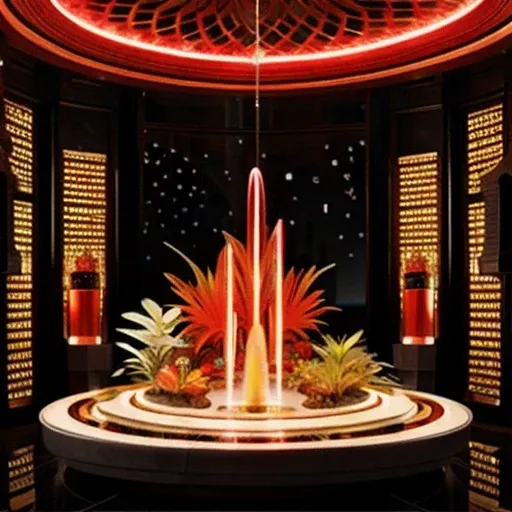  Red, white and orange series luxury futuristic interior， style， There are many ((Lush plants)) (lotus), ((Palm trees)), stone wall, (sand), (waterfalls), (marble), ((Precious minerals)), ((Metal)), (gem), crystal, untense  ((water)), futuristic luxury fur...