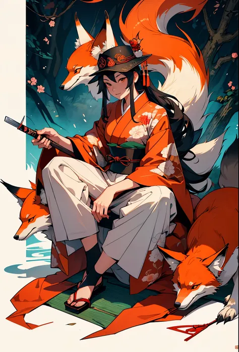 a cartoon fox in a kimono outfit sitting in the woods, a beautiful fox lady, kitsune, fox nobushi, japanese art style, kitsune three - tailed fox, fox nobushi holding a naginata, kitsune holding torch, a beautiful kitsune woman, foxgirl, colorful kitsune c...