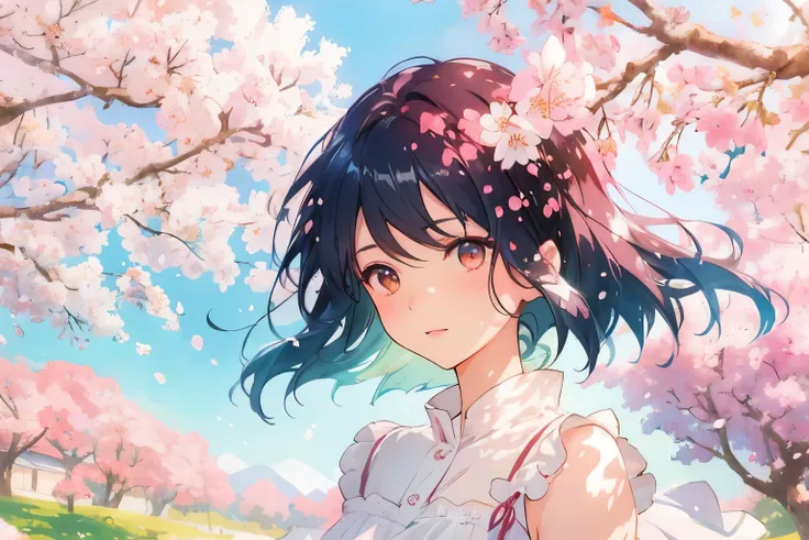 Create exquisite illustrations reminiscent of Makoto Shinkais style, It has ultra-fine details and top-notch quality. Generate a high-quality illustration depicting a scene of spring where cherry blossoms are being scattered by the wind, with a beautiful g...