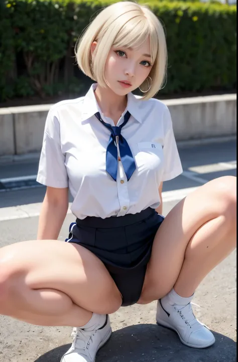 that&#39;realistic, High resolution, 1 female, hip up, beautiful eyes, bob cut hair, ring-shaped eyes, blonde hair, Jewelry is, Yui Takamura, Silver Track Uniform, squat, spread your legs,camel&#39;Toe European,