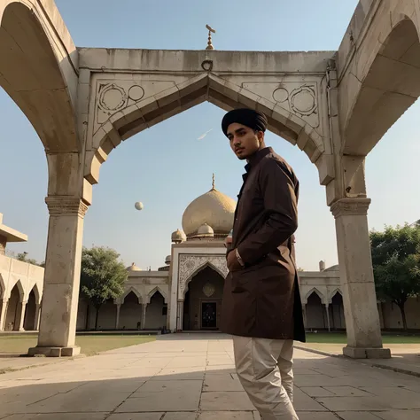 A 21-year-old boy is standing in front of the mosque, the Eid moon is rising in the sky, Eid Mubarak is written in the sky, the boy is wearing Punjabi clothes.