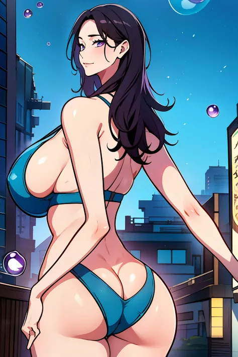 An anime-style artwork depicting ruan mei from the game Honkai star rail.

Tags: ruan mei, anime, detailed eyes, detailed lips, tight bikini, smiling expression, intense gaze, glowing emblem on hand, dynamic pose, standing on building at night, vibrant col...