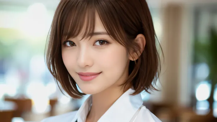 product quality, upper body shot, Front view, Inside a stylish cafe, 1 girl, young beautiful japanese woman, short bob hair, hyper pretty face, glamorous, I wear a satin silk white shirt with short sleeves and long sleeves with a collar, With a big smile i...