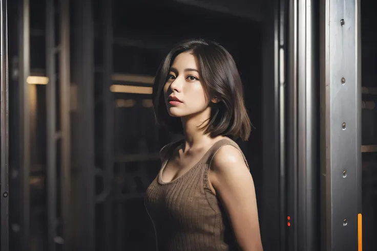 top-quality, ​masterpiece, high-detail, 16k picture quality, At night in Shinjuku, amidst the neon signs, stands a beautiful 27-year-old woman. She’s wearing a sleeveless knit one-piece dress. Her hair is short and light brown. She’s leaning against a wall...