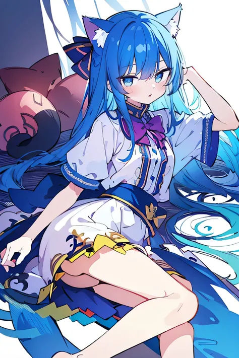 (Masterpiece), best quality, expressive eyes, perfect face, 1girl,
 Put one hand on the head, fair skin, gorgeous, Japanese comics, girl, Lola, young angel, blue hair, blue hair, flowing clothes,, lay down, lying on the ground, legs on the ground, flat che...