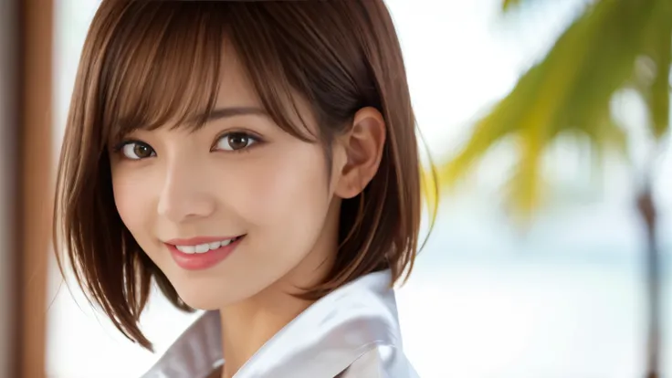 product quality, upper body shot, Front view, Inside a stylish cafe, 1 girl, young beautiful japanese woman, short bob hair, hyper pretty face, glamorous, I wear a satin silk white shirt with short sleeves and long sleeves with a collar, With a big smile i...