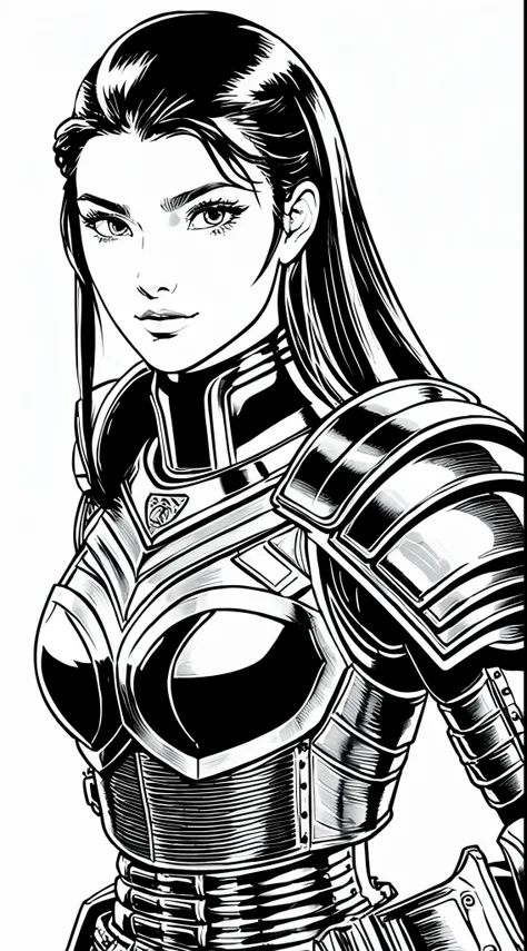 masterpiece, highest level, woman, female general, female warrior, artwork, portrait, Full armor, heroic gesture, Detailed armor, Detailed face, White background, monochrome, line art, draft, best quality, Super detailed, high-rise, lifelike, major, vivid ...