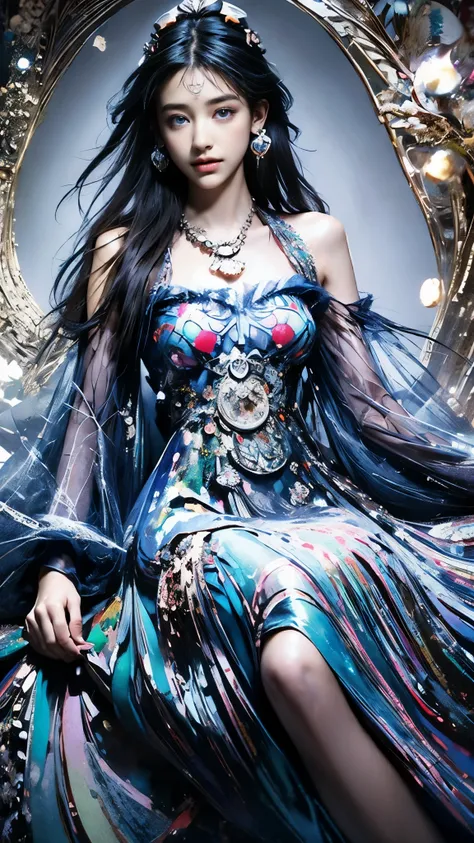 8K, ultra hd, masterpiece, 1 girl, (good face:1.4), detailed eyes, very long hair, impressive hairstyle, earings, necklace, small breasts, (indigo dress:1.5), see-through, (fantasy dress:1.5) Light-colored foundation brings out the transparency of the skin...