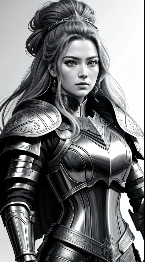 masterpiece, highest level, woman, female general, female warrior, artwork, portrait, Full armor, heroic gesture, Detailed armor, Detailed face, White background, monochrome, line art, draft, best quality, Super detailed, high-rise, lifelike, major, vivid ...