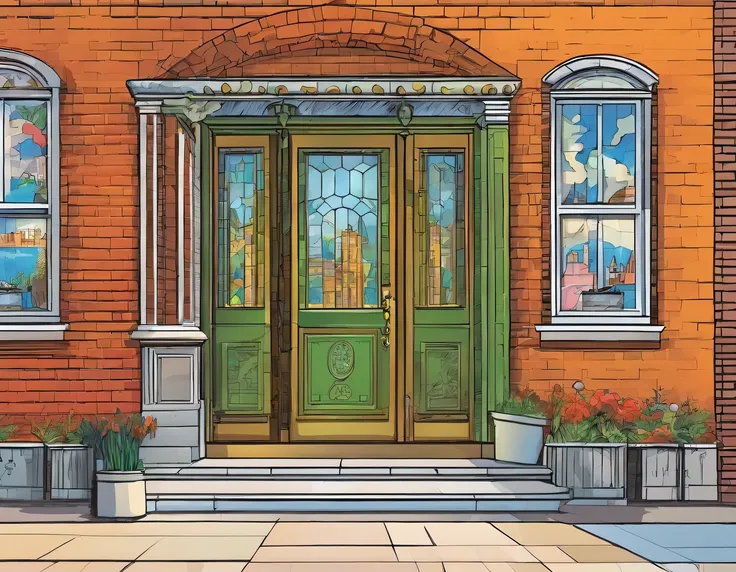 Makes the front of a building facade,the building has an old style,the door and under a high meadow and the door is an old door engraved and glazed with stained glass,the walls of this building are brick and have stained glass windows 