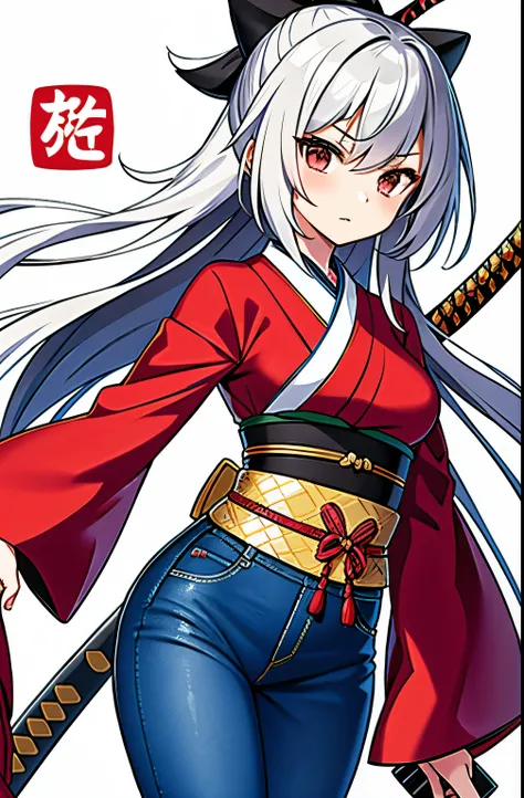 She wears Japanese traditional clothes and jeans, has katana on right hand, has long hair, she is small beast(0:0), She puts her hand on hers katana,