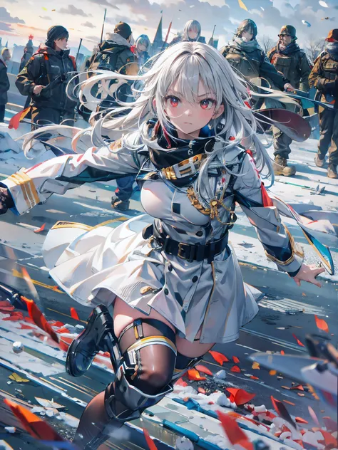 (masterpiece,best quality,ultra-detailed), CG, award winning, ccurate, UHD, textured skin, chromatic aberration, Fujicolor, 1 girl running on the battle field in winter, teen, red eyes, long white hair, wearing a black uniform, serious face, critical situa...