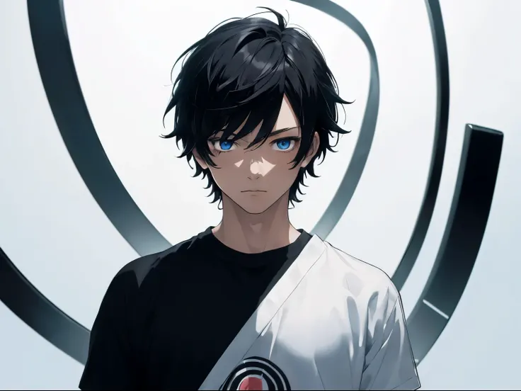 [(white background:1.5),::5], ((((masterpiece)))), high quality, ultra high resolution, full color, (((alone))), ((boy)), black hair, ((black hair)), blue eyes, japanese cartoon movies, upper body, neon lights, shirt, upper body, 