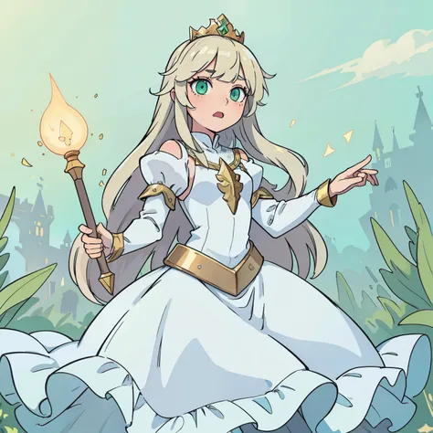 (((masterpiece))), (((best quality))), illustration, single character, game character, rpg character, only one character, teenager blond medieval princess, long light blond hair, small feminine platinum crown with green gem, light green eyes, fearful face ...