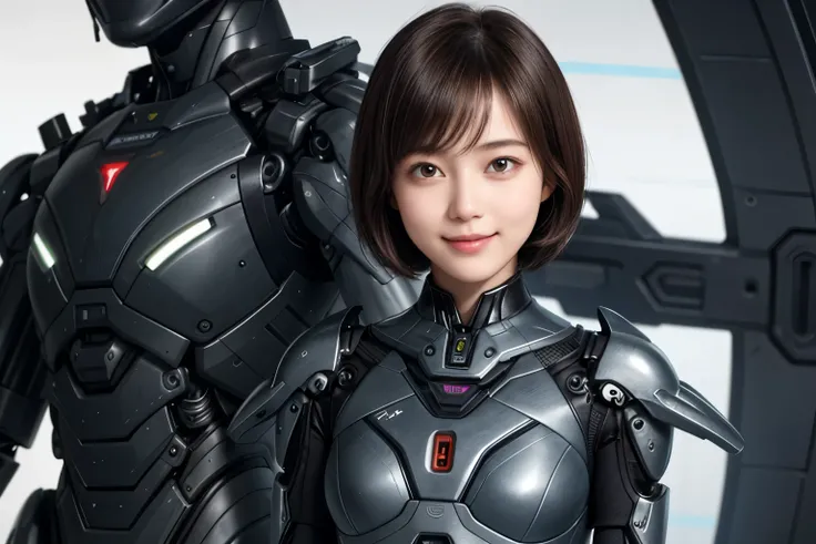 207 Short Hair, 20 year old woman, Floral, gentle smile, futuristic clothes, mechanical suit